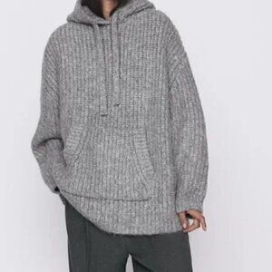 Zara Waffle Knit Kangaroo Hoodie Pocket Drop Shoulder Drawstring Hoodie Size Med